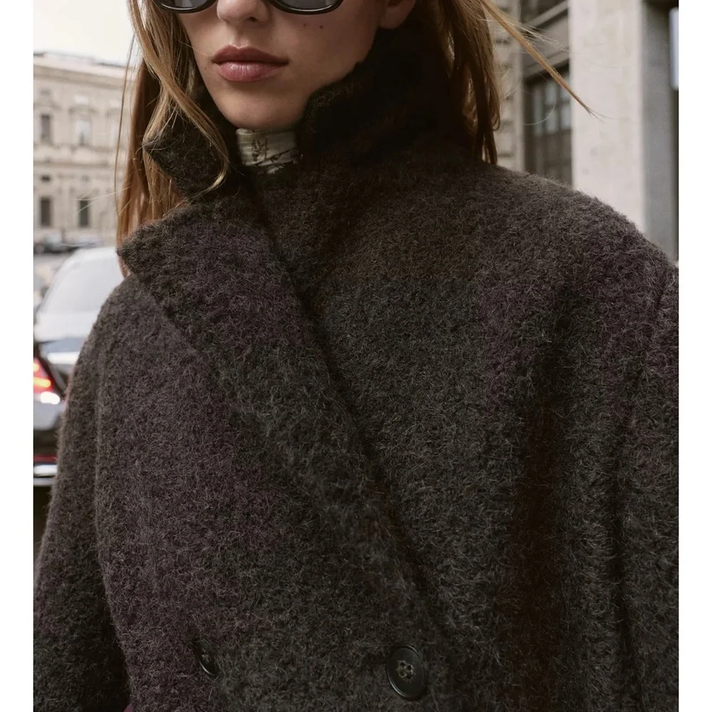 Zara Bouclé Double-Breasted Mid-Length Coat Brand New